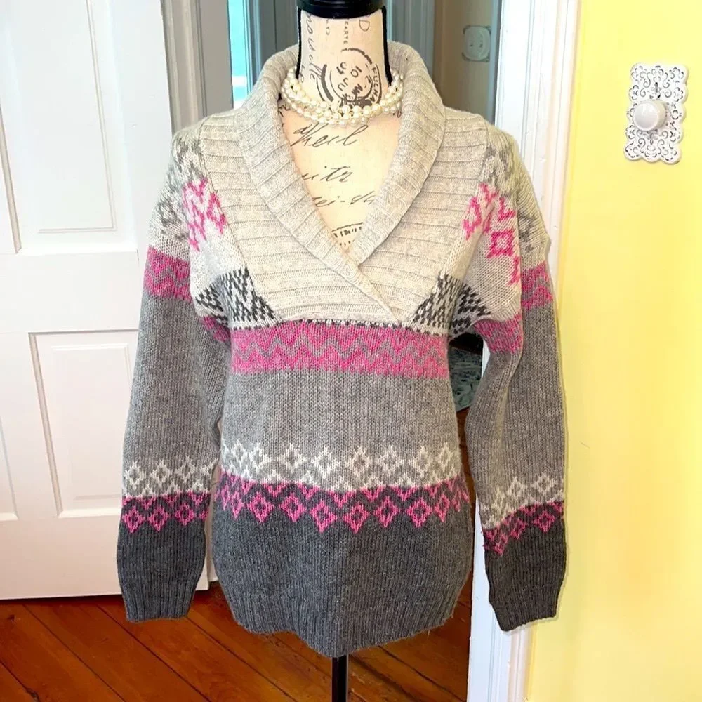 Northcrest Classic *Shawl Collar* Gray & Pink Wool Blend Sweater Sz M EUC
